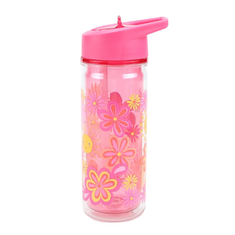 14 oz Insulated Plastic Water Bottle with Lid & Straw - 2 Pack, Pink Flower