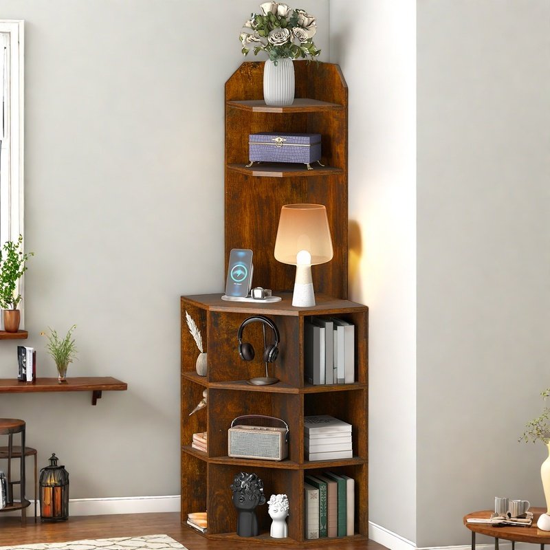 5-Tier Corner Shelf with USB Ports - Multi-Functional Bookcase