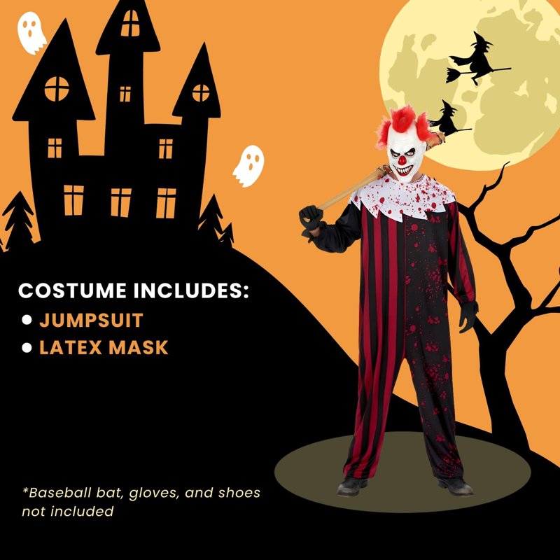 Mens Scary Clown Costume XL - Halloween Horror Circus Jumpsuit & Mask
