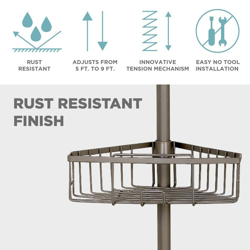 Adjustable Satin Nickel Shower Tension Pole Caddy with 4 Removable Baskets