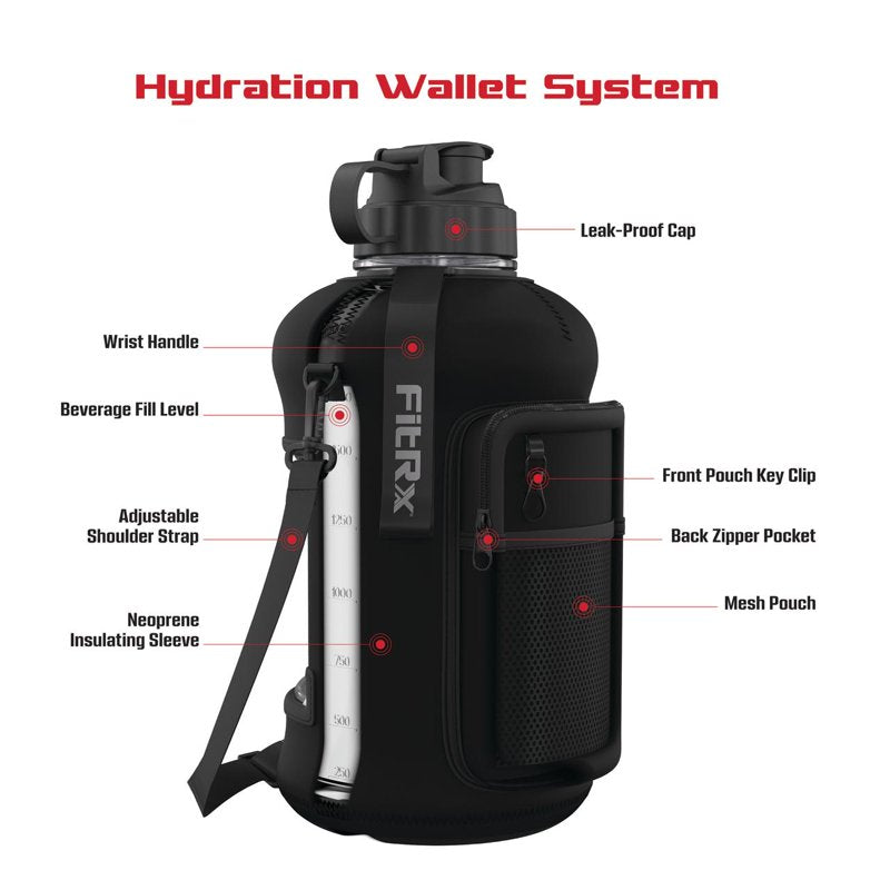 Half Gallon Water Bottle with Neoprene Sleeve & Storage Pocket - 68oz