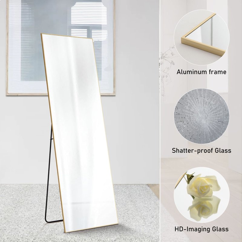 64-Inch Full Length Floor Mirror - Gold Aluminum Frame, Standing & Bracket