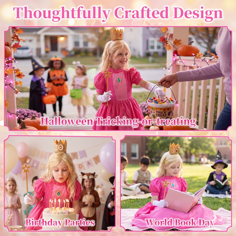 Girls Princess Dress with Accessories & Wig - 10-12 Years Pink Costume Set for Kids' Parties