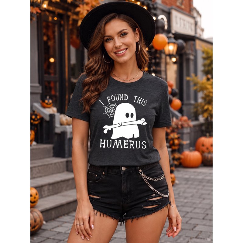 Halloween Ghost Graphic T-Shirt for Women - Dark Gray, L, Cute Spooky Tee
