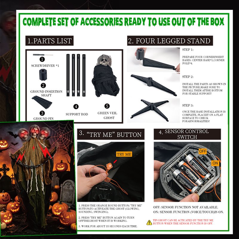 6ft Green Ghost Skeleton Halloween Outdoor Decoration with Sound & Lights
