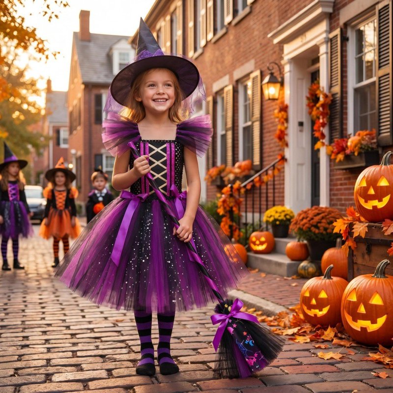 Girls Halloween Witch Costume Dress with Accessories - Purple, 3-4 Years