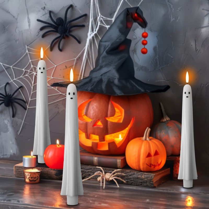 Halloween Ghost Flameless Taper Candles Set with Remote & Timer - White, Flickering LED, Indoor Decor - Variation C