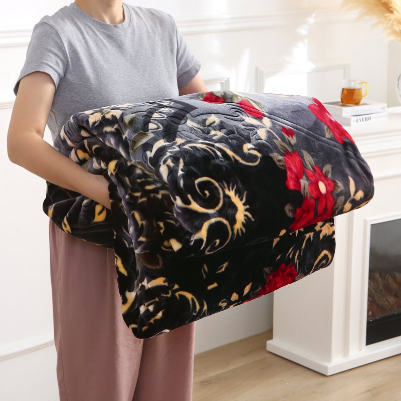 Heavy Thick Fleece Blanket King Size - Black & Burgundy Floral Printed Winter Throw - 85x95, 9lbs, Soft Raschel Plush Bed Cover with Floral Design