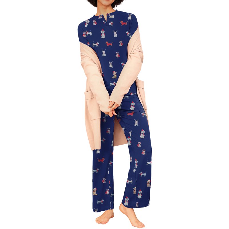 Christmas Couple Pajama Sets - Blue Dog Pattern, XL, Festive Sleepwear