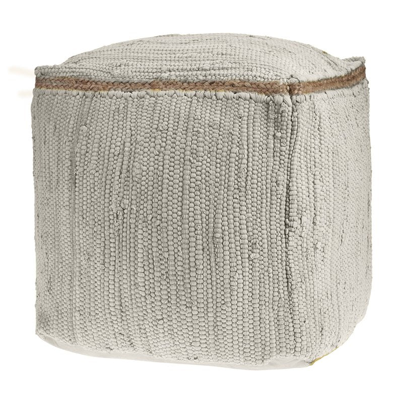 White Braided Cotton and Jute Pouf Ottoman - 18x18 Inches, Handmade