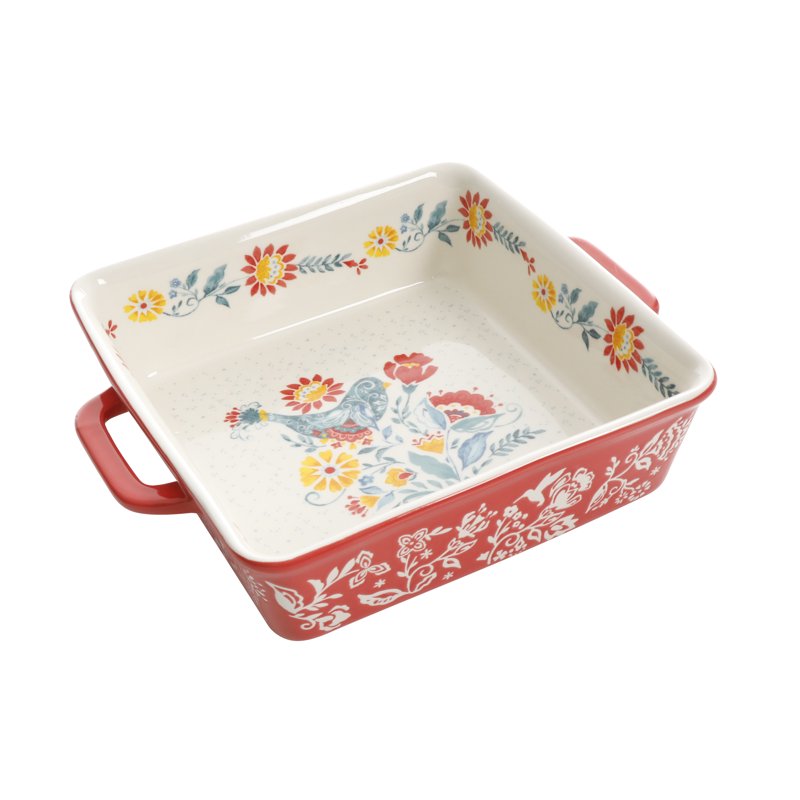 8-Inch Square Ceramic Baking Dish Set - Floral Design, Set of 2