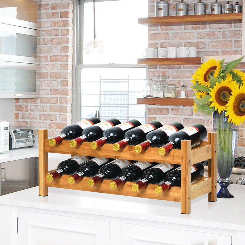 2-Tier Bamboo Wine Rack for 12 Bottles - Natural Wood Storage