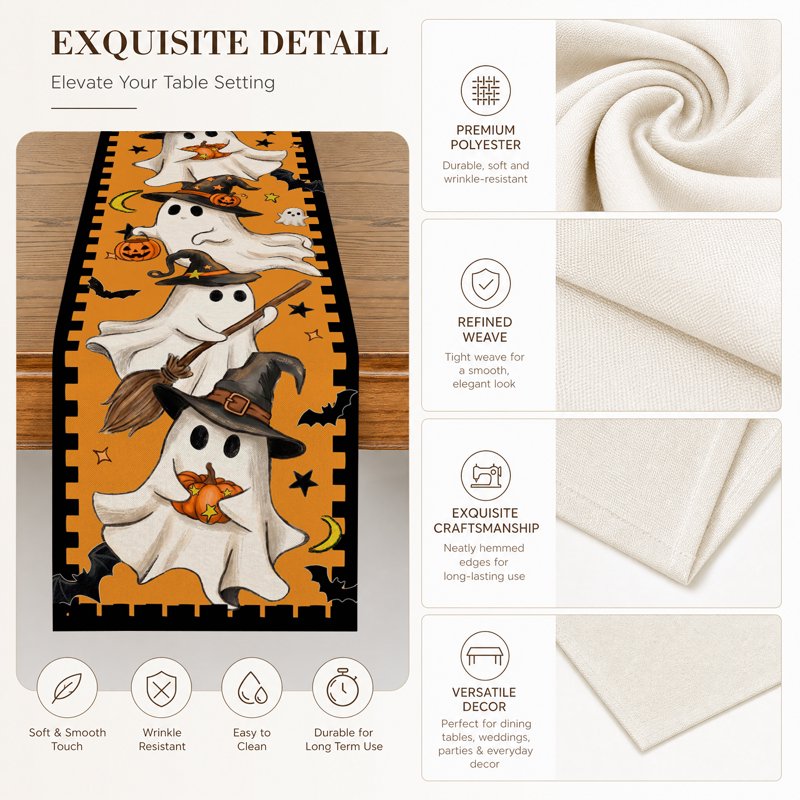 Halloween Table Runner Ghost Pumpkin 13x72 Inch - Indoor Outdoor Decor, Orange Variation H