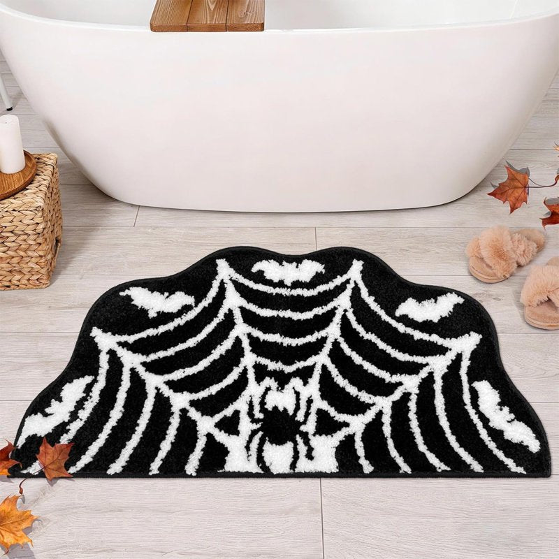 Halloween Spider Web Bath Mat - Black Gothic Bathroom Rug, 15x23 Inches - Variation B