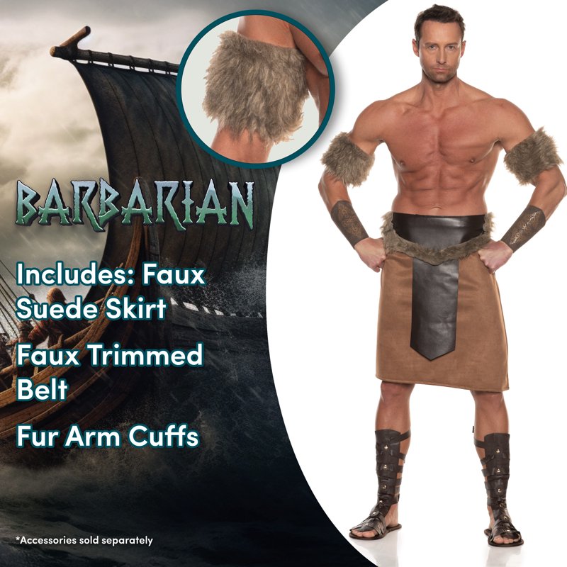 Men's Barbarian Costume Halloween Cosplay Medieval Outfit with Faux Suede Skirt & Fur Accents