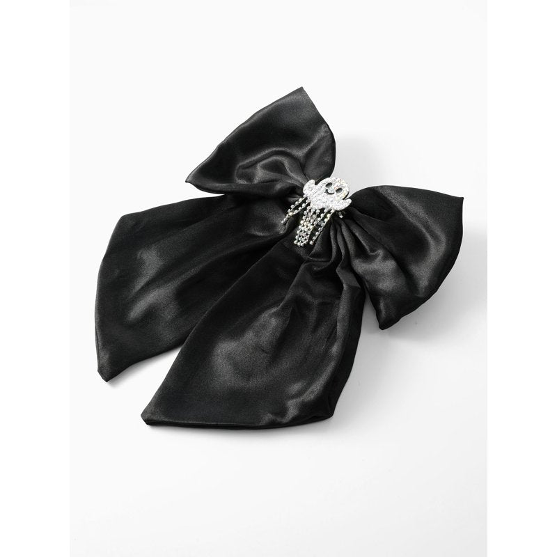 Halloween Embellished Ghost Charm Hair Bow Clip - Black Satin Barrette