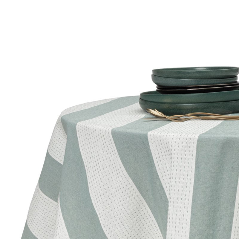 70" Round Tablecloth - Green & White with Black Tassels, 4 Pack