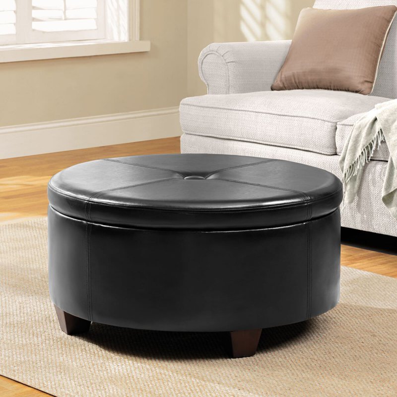 Large Round Tufted Ottoman with Storage - Black & Brown