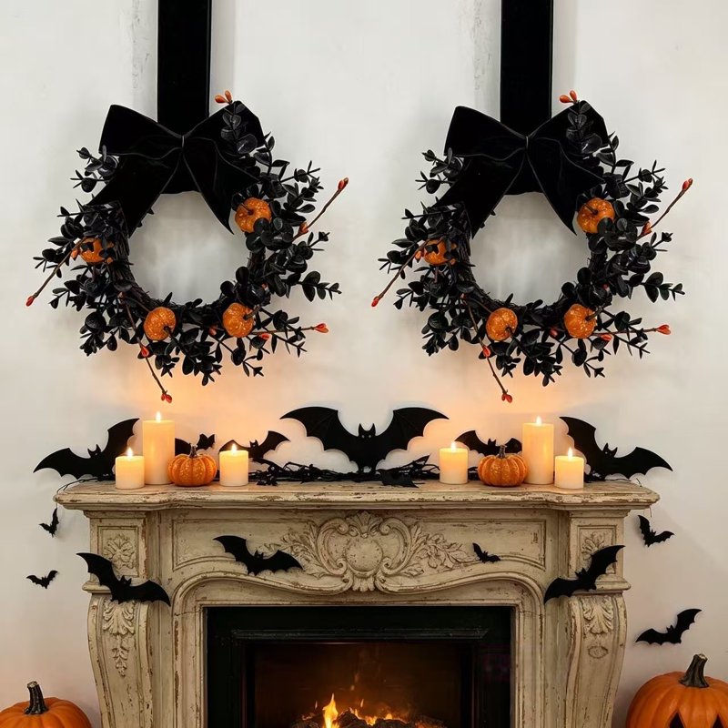 Halloween Wreath Set - 4 Mini 9-Inch Artificial Wreaths with Pumpkins & Velvet Bows