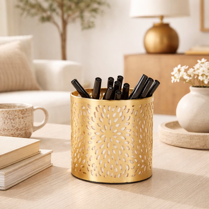 Gold Floral Metal Pencil Cup - 4" x 4" Round Organizer