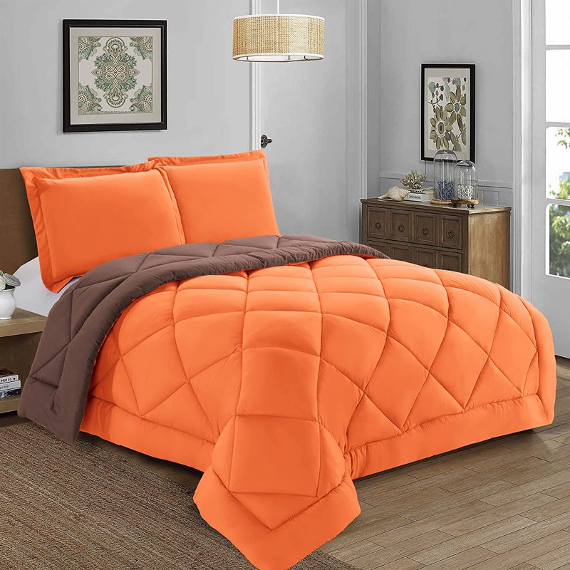Twin Comforter Set with Shams - 3 Pieces Reversible Microfiber Bedding - Orange and Chocolate