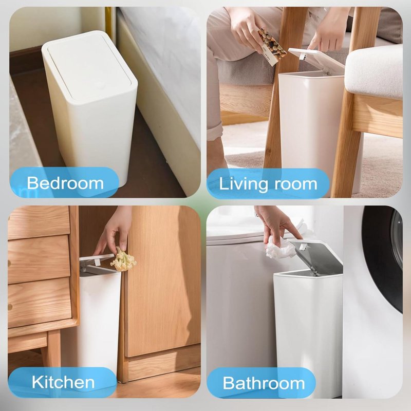 Slim Plastic Trash Can - 2.6 Gallon Garbage Can with Lid - White, 3 Pack