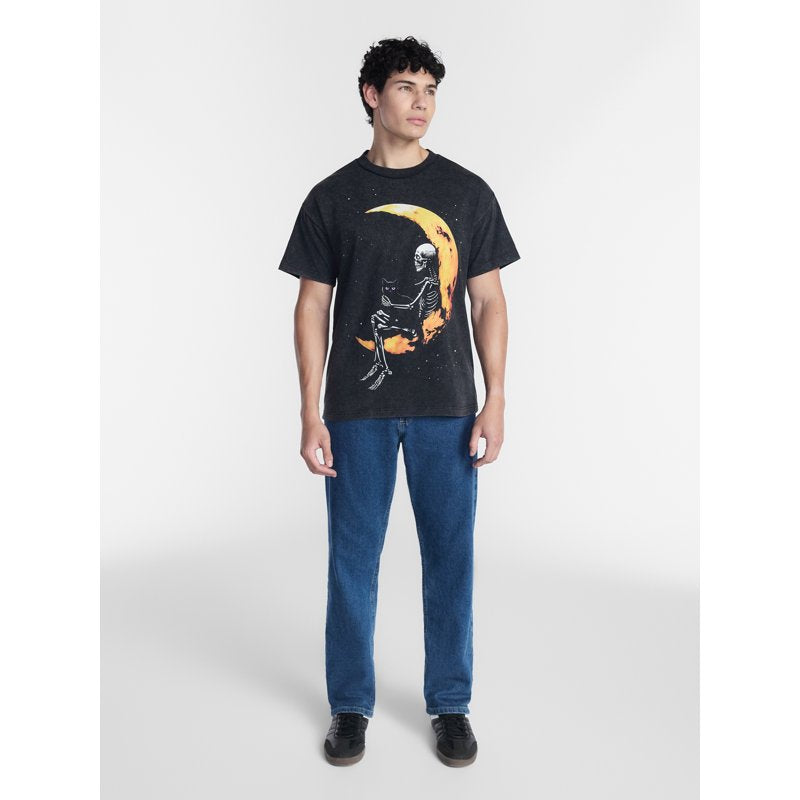 Men's Halloween Skeleton Moon Graphic T-Shirt - Mineral Wash XL - Black