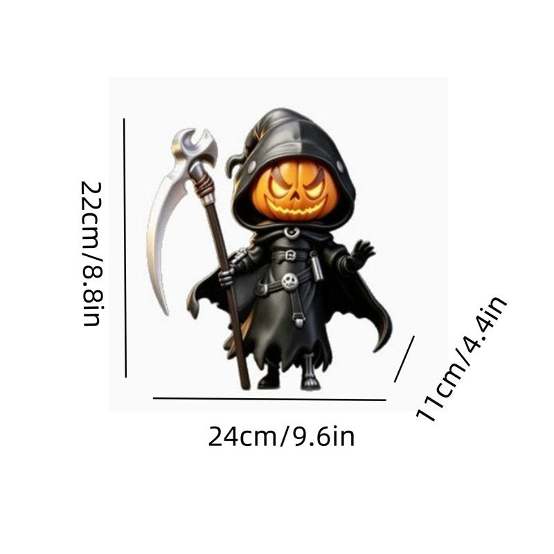 Halloween Pumpkin Grim Reaper Statue with Glowing Head - Hand-Painted Resin Ornament - Black Variation #320