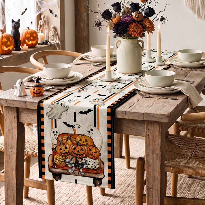 Halloween Table Runner with Ghost Truck, Bats & Bows - Seasonal Fall Kitchen Decor 13x72 Inch D