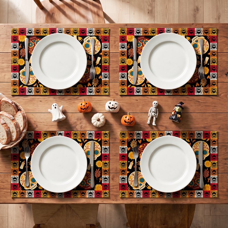 Skull Day of The Dead Printed Halloween Placemats Set of 4 12x18 Inch - Spooky Kitchen & Dining Decor Variation B