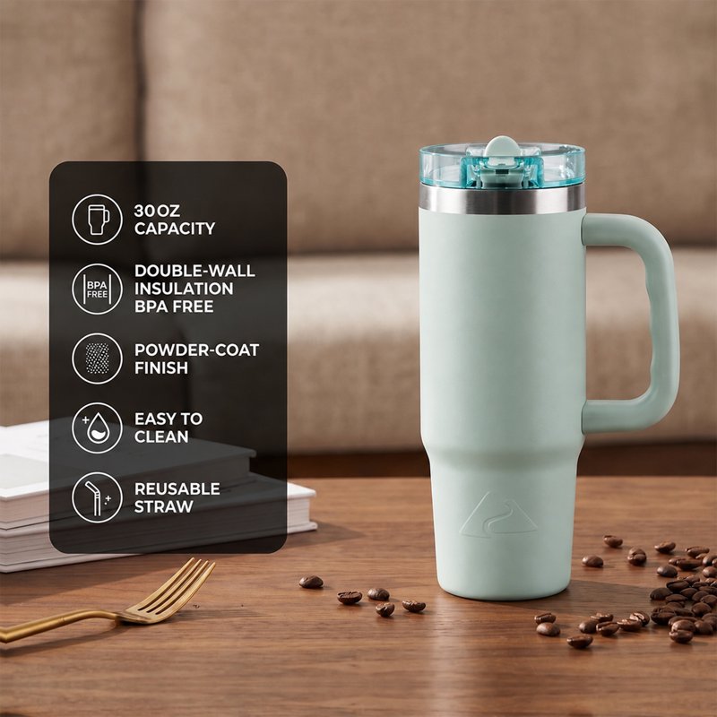 30 oz Insulated Stainless Steel Travel Tumbler with Handle - Sage Green