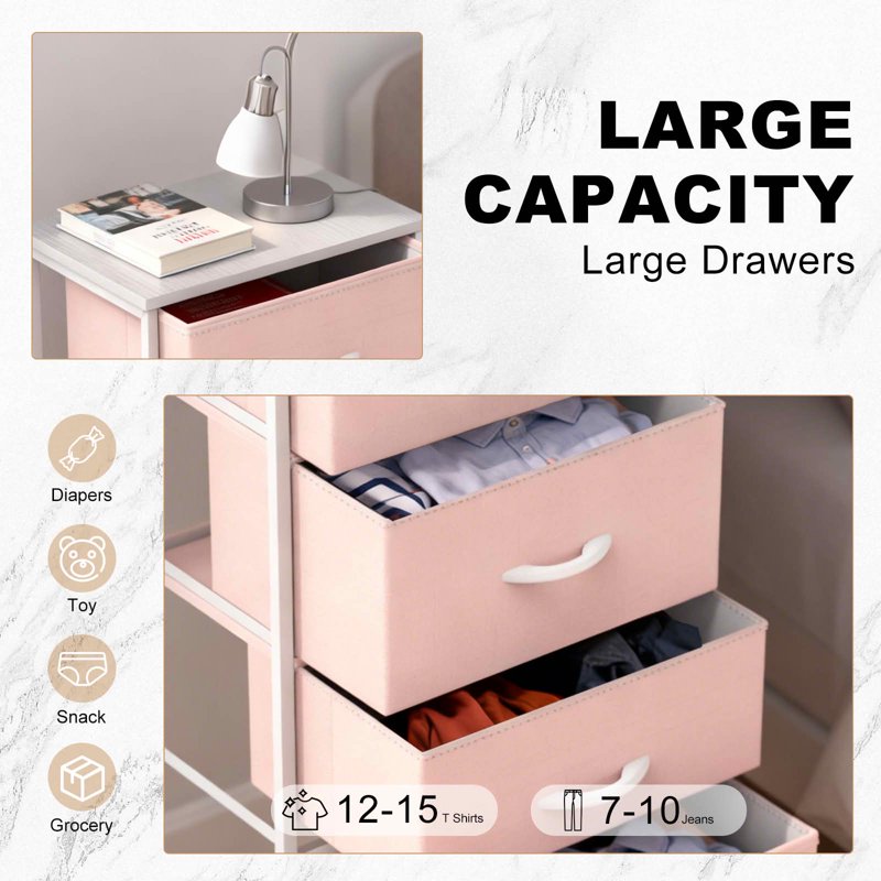 Fabric Drawer Storage Cabinet with Wooden Top - 4 Drawer Pink