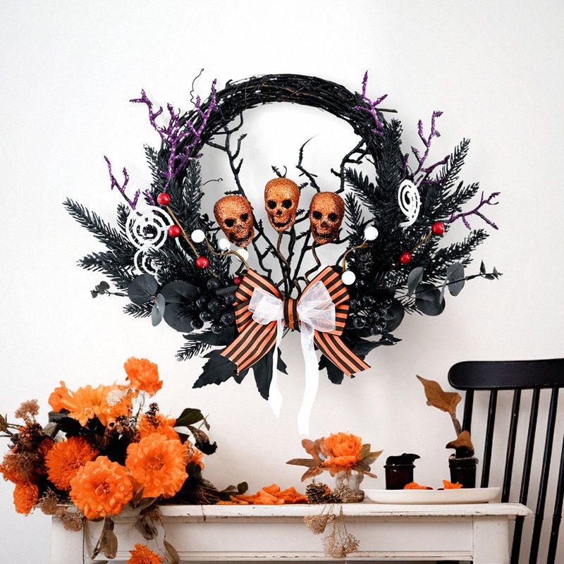 Halloween Skull Ghost Wreath - Indoor & Outdoor Halloween Decoration - Variation A