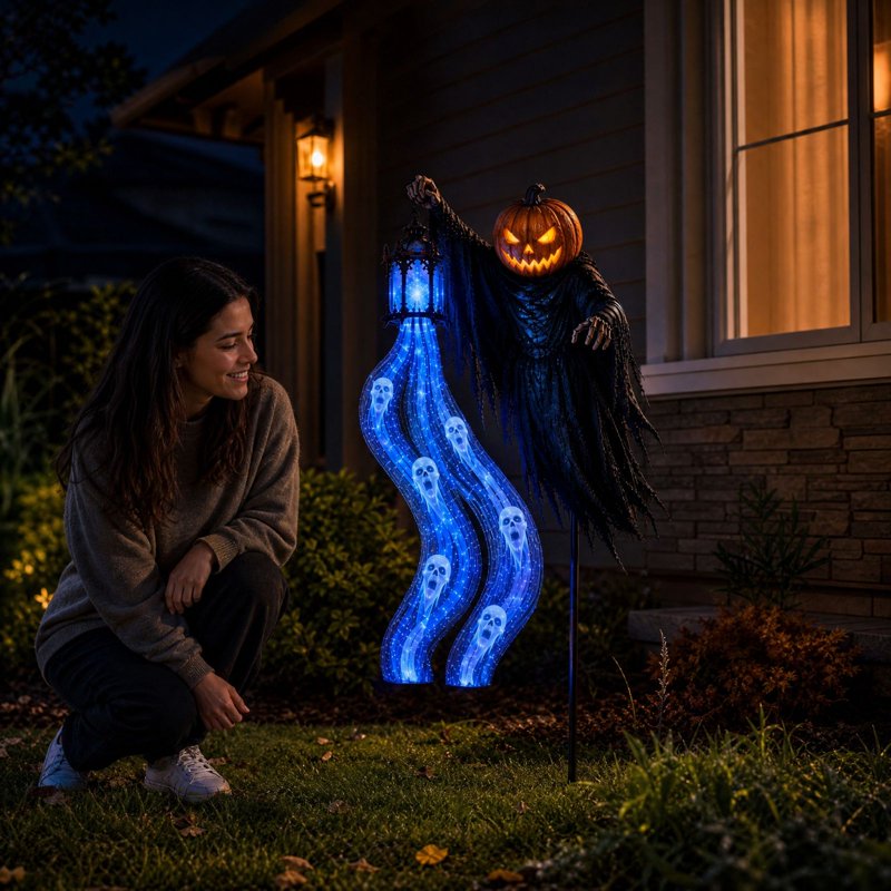 Halloween Soul Harvester Garden Stake Light - Solar Reaper with Blue LED Ghost Stream - Variation 02