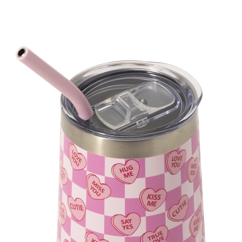 16oz Stainless Steel Wine Tumbler with Straw - Candy Hearts