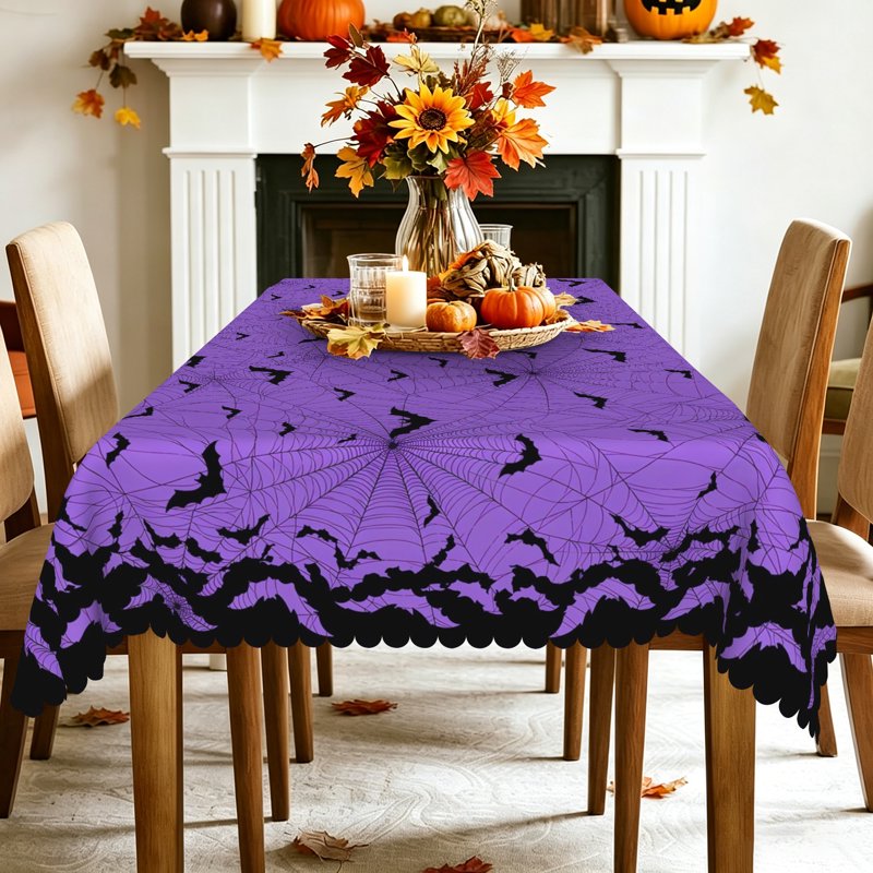 Halloween Bat & Spider Web Tablecloth - 60x84 Inch, Purple & Black, Rectangular