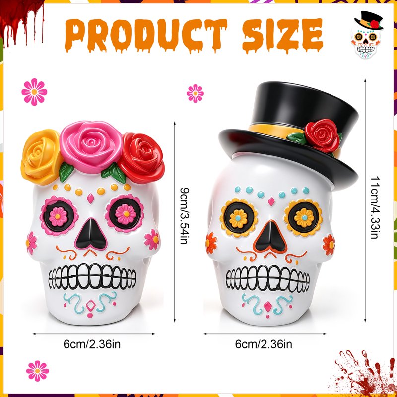 Resin Day of the Dead Skull Couple Figurines Halloween Decor Black White