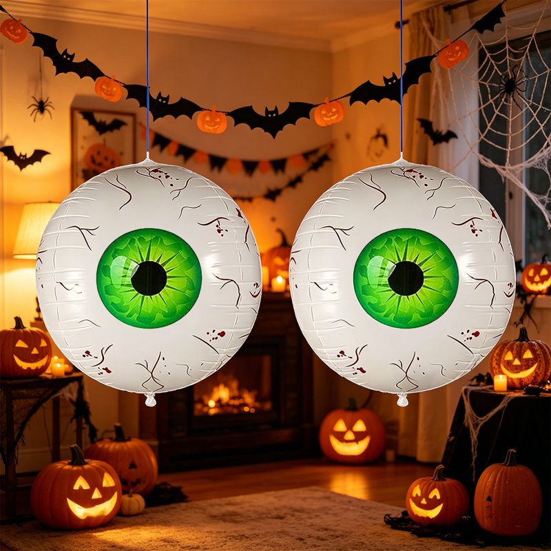 FEOLGEHLY Green Inflatable Eyeball Halloween Decorations - 2PCS Bloodshot Horror Balloons for Yard Party