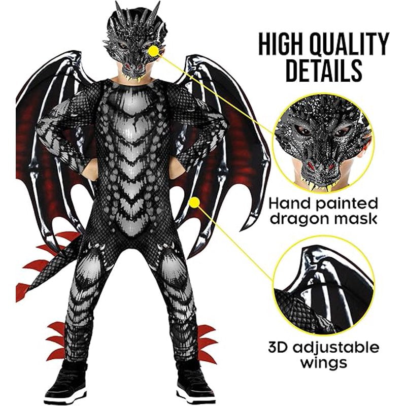 Kids Dragon Jumpsuit Costume - Black Red Halloween Fancy Dress - Medium - Variation M