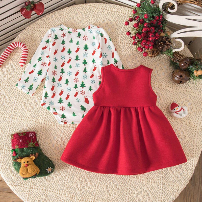 Baby Girl First Christmas Outfit Set - White Ruffle Romper & Suspender Dress 9-12 Months
