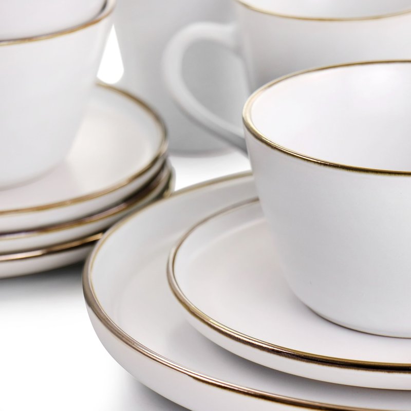 16 Piece Matte White Stoneware Dinnerware Set with Gold Rim
