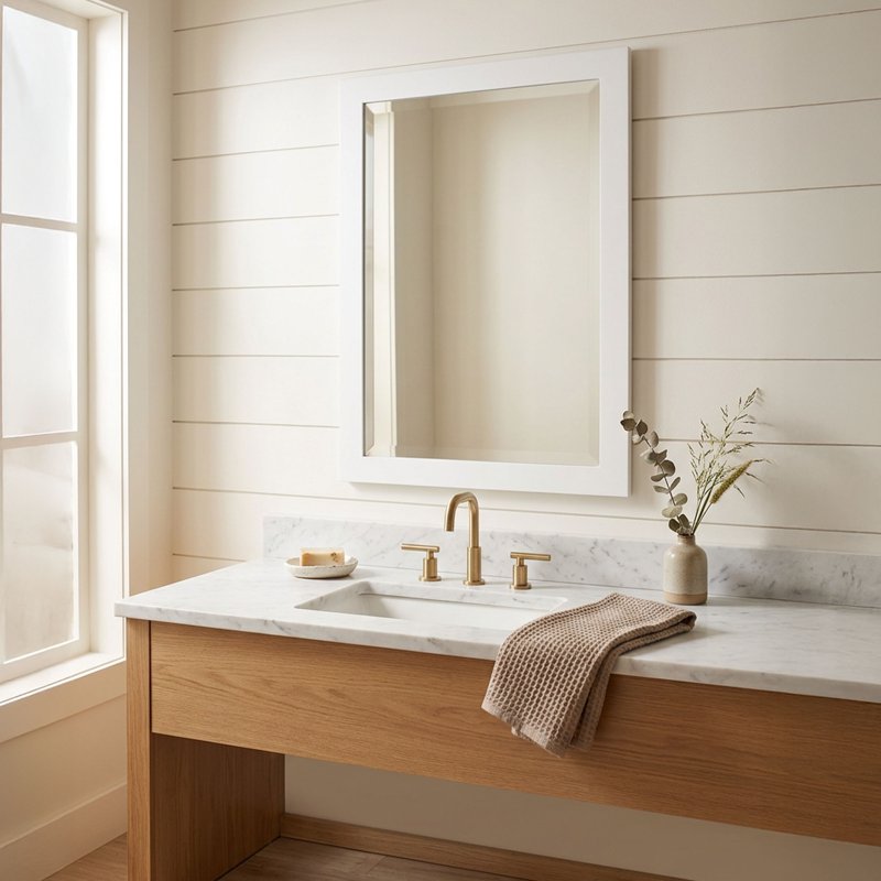 White Bathroom Vanity Mirror 24x30 Inch Wall-Mounted Rectangular Beveled Glass