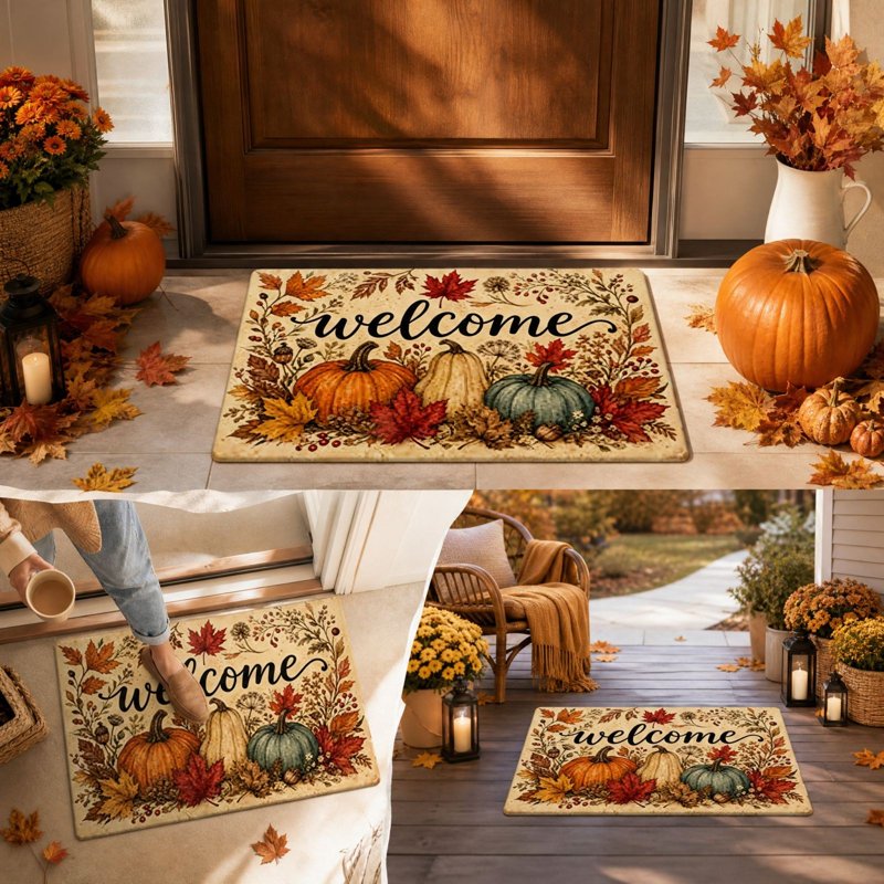 Autumn Pumpkin Maple Leaf Doormat - Fall Welcome Rug with Non-Slip Backing - Multicolor005, 16x24 Inch