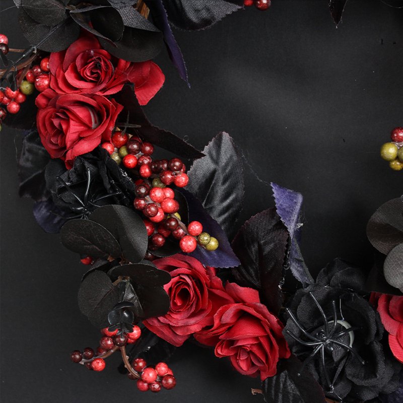 Halloween Front Door Wreath with Roses - 15 Inch Gothic Fall Decor