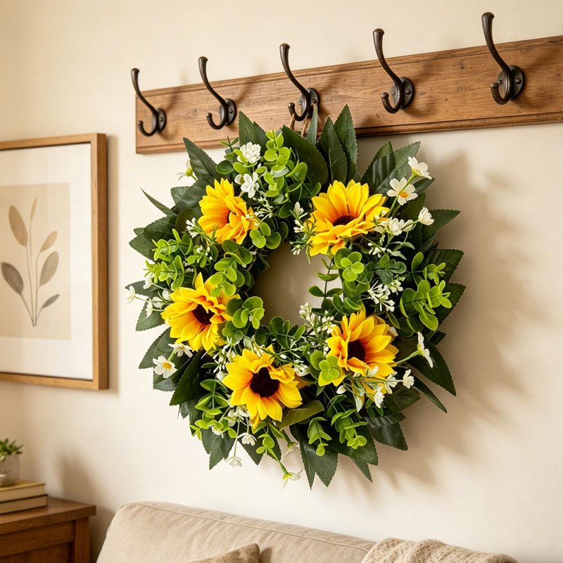 Sunflower Wreath Artificial Flower Door Decor Spring Summer 14 Inch - Variation 720-1-14