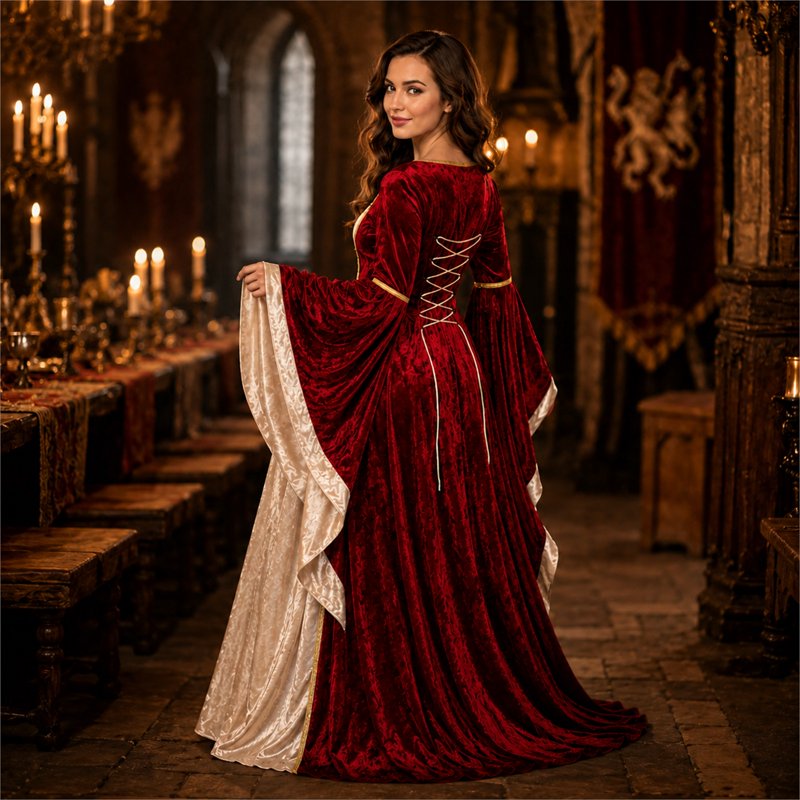 Women Gothic Witch Costume Dress - Halloween Vampire Medieval Velvet L Vermilion