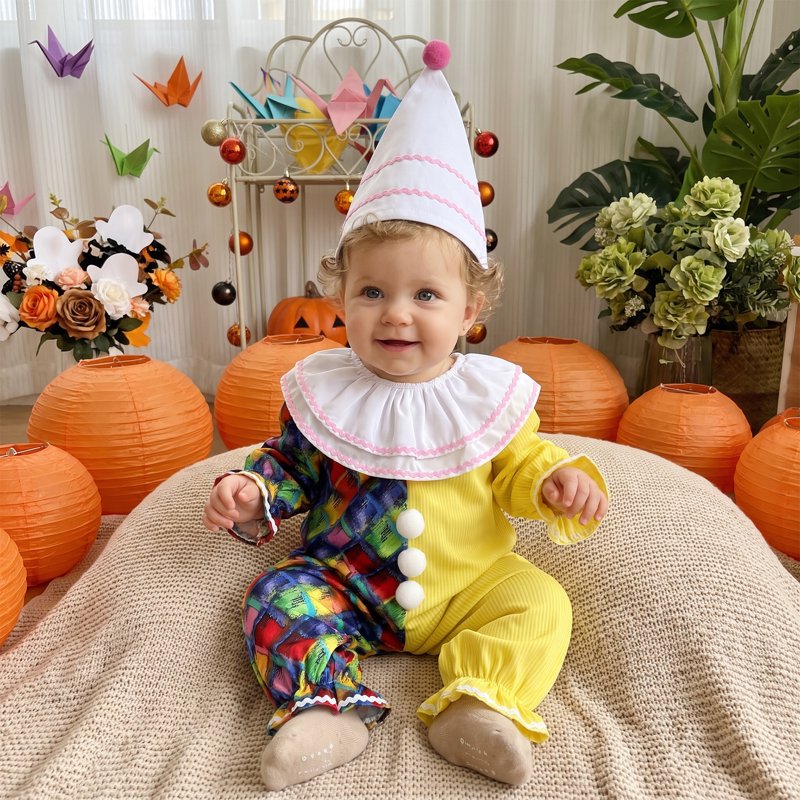Kids Toddler Baby Clown Costume Jumpsuit & Hat Set - Yellow White, 6-12 Months