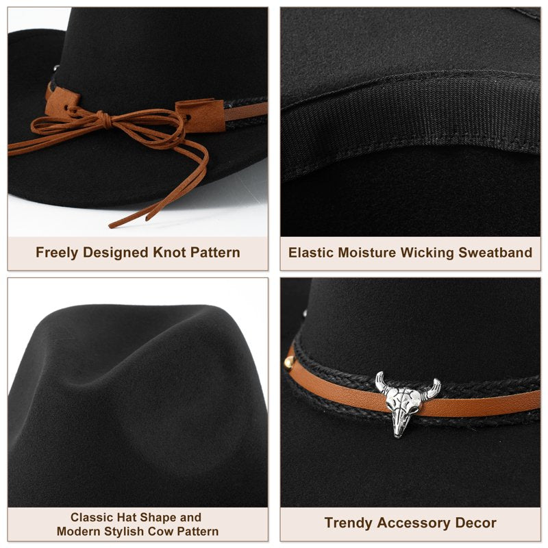 Black Wide Brim Cowboy Hat for Adults Unisex Western Rodeo Costume