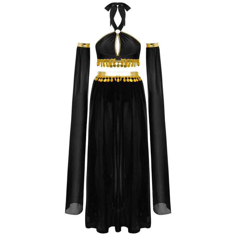 Women Belly Dance Costume Set Black L - Chiffon Skirt & Crop Top for Stage Performance