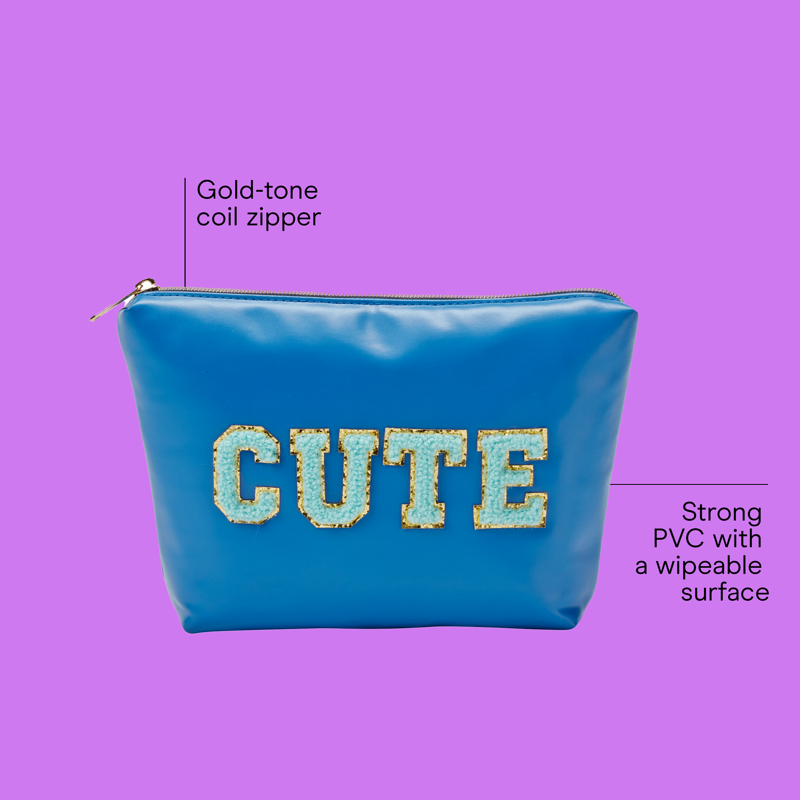 Blue PVC Clutch Pouch with Gold-Tone Accents and CUTE Lettering